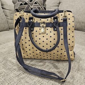 Tan & navy satchel top handle adjustable crossbody versatile purse bag